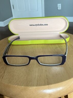 Eyebobs Navy/ Cream Rectangular Reading Glasses with Lime Case